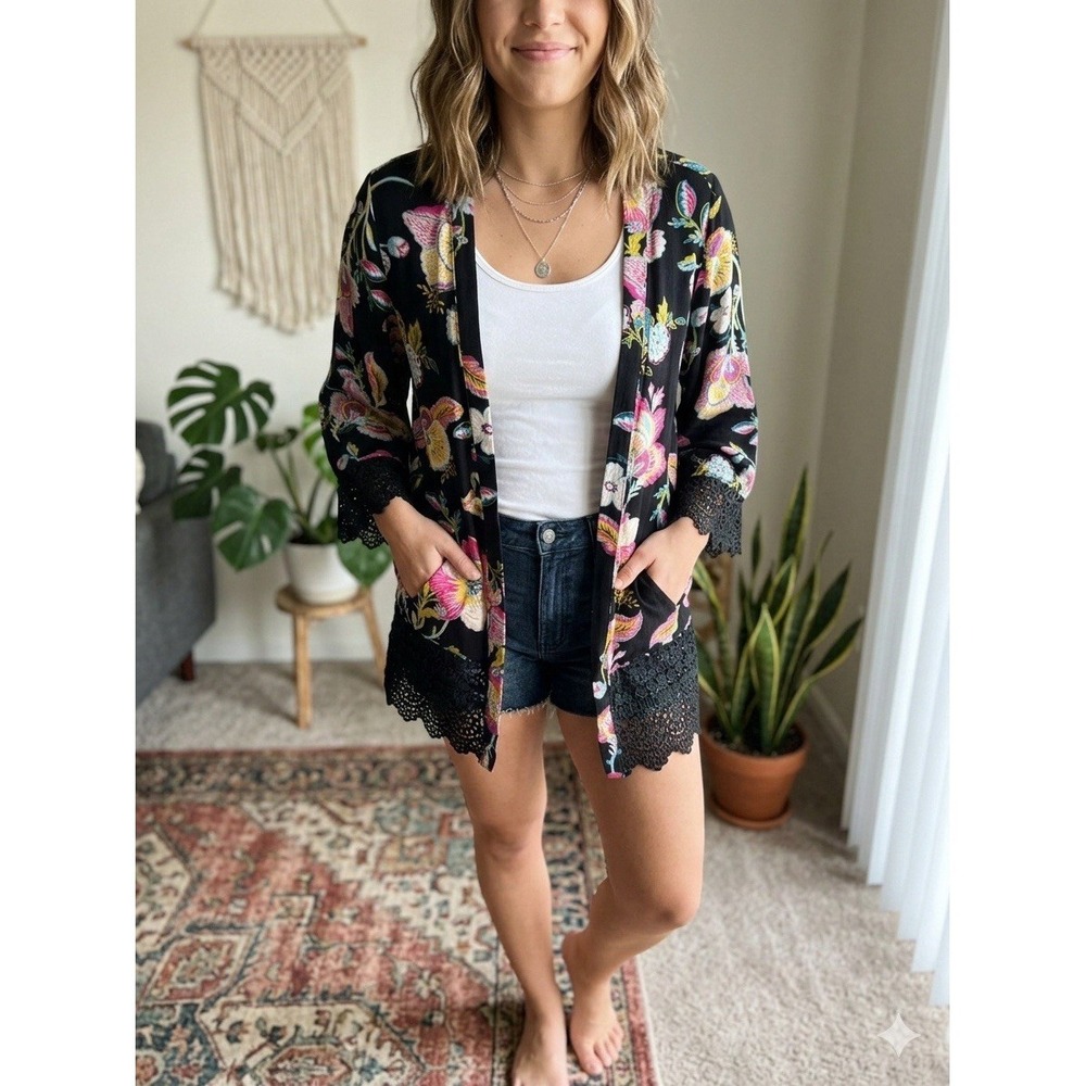 Xhilaration Black‎ Floral Kimono Cardigan XS Crochet Lace Trim Boho Open Front